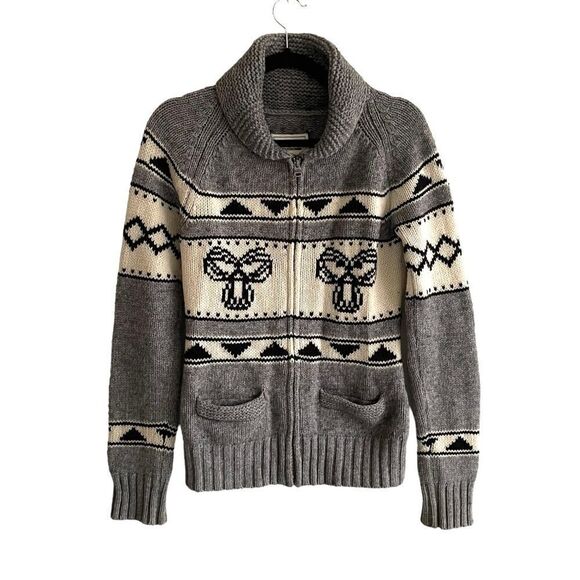 Aritzia Tna Sea to Sky Wool Full Zip Front Cardigan Sweater Grey Black Cream M - Picture 1 of 6